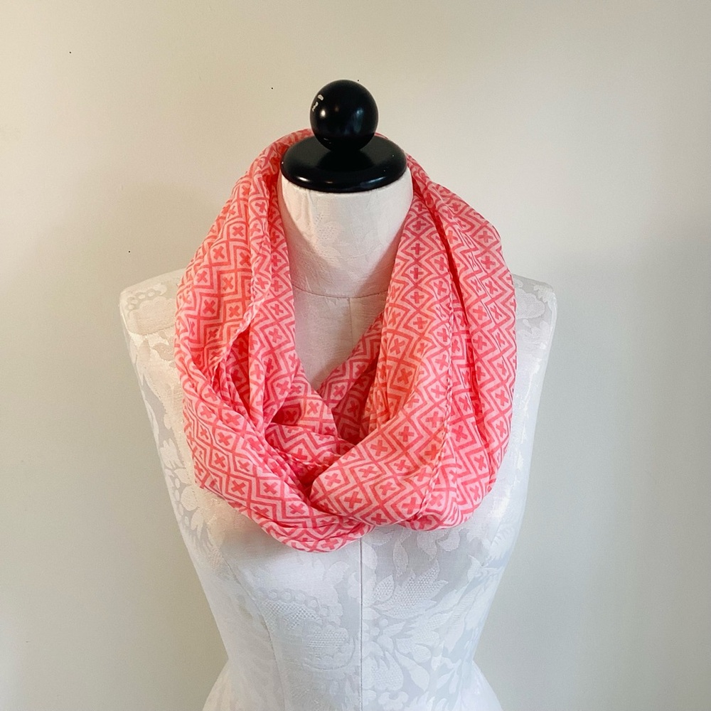 Coral & white geometric summer infinity scarf